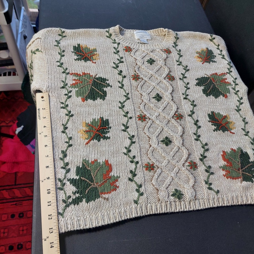 Christopher & Banks Vintage Hand Embroidered Fall Leaf Cable Knit Sweater Large - Picture 6 of 7